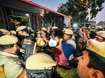 Police detain activists during the protest on Sunday. (Sanjeev Verma/HT Photo) Police detain activists during the protest on Sunday. (Sanjeev Verma/HT Photo)