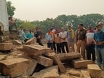 The broken wall of the ancient Patharbandi Mahadev Temple located on the hill in Chhidi village of Prayagraj (Sourced)