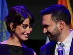 Mayor-elect Zohran Mamdani with his wife, artist Rama Duwaji, at his victory rally in the Brooklyn borough of New York City.