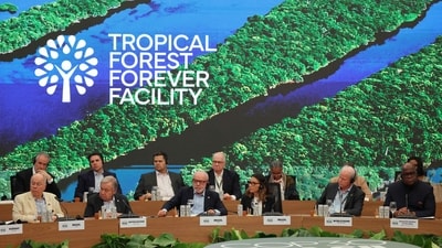 (L to R) Brazil's Foreign Minister Mauro Vieira, UN Secretary General Antonio Guterres, Brazil's President Luiz Inacio Lula da Silva, First Lady Rosangela da Silva, World Bank's Senior Managing Director Axel van Trotsenburg and the Democratic Republic of the Congo's President Felix Tshisekedi attend the Leaders Round Table to launch the Tropical Forest Forever Facility (TFFF) in the framework of the COP30 UN Climate Change Conference in Belem, Para State, Brazil, on November 6, 2025. (AFP) (L to R) Brazil's Foreign Minister Mauro Vieira, UN Secretary General Antonio Guterres, Brazil's President Luiz Inacio Lula da Silva, First Lady Rosangela da Silva, World Bank's Senior Managing Director Axel van Trotsenburg and the Democratic Republic of the Congo's President Felix Tshisekedi attend the Leaders Round Table to launch the Tropical Forest Forever Facility (TFFF) in the framework of the COP30 UN Climate Change Conference in Belem, Para State, Brazil, on November 6, 2025. (AFP)