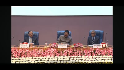 Chief Justice of India Bhushan R Gavai with CJI-designate Justice Surya Kant at the valedictory session of the National Conference on “Strengthening Legal Aid Delivery Mechanisms” in New Delhi. (HT Photo)
