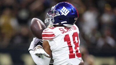 New York Giants wide receiver Darius Slayton (18) suffered a hamstring injury. (IMAGN IMAGES via Reuters Connect)