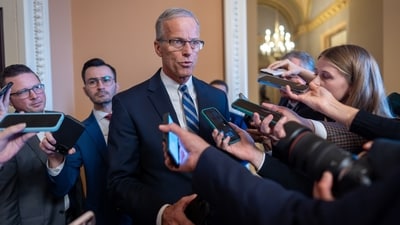 Speaking to reporters, Senate Majority Leader John Thune, R-S.D., responds to Senate Democratic Leader Chuck Schumer and Democrats (AP)