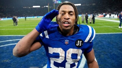 Indianapolis Colts running back Jonathan Taylor celebrates after an NFL football game against the Atlanta Falcons (AP) Indianapolis Colts running back Jonathan Taylor celebrates after an NFL football game against the Atlanta Falcons (AP)