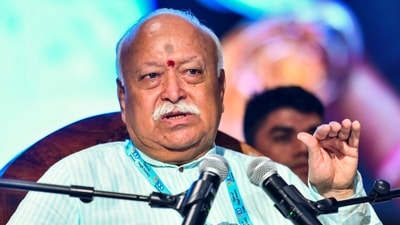 RSS chief Mohan Bhagwat addresses the '100 Years of Sangh Journey: New Horizons' event in Bengaluru on Sunday, November 9, 2025. (PTI) RSS chief Mohan Bhagwat addresses the '100 Years of Sangh Journey: New Horizons' event in Bengaluru on Sunday, November 9, 2025. (PTI)