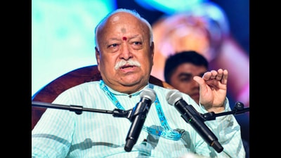RSS Chief Mohan Bhagwat addresses the “100 Years of Sangh Journey: New Horizons" event, in Bengaluru on Sunday. (PTI) RSS Chief Mohan Bhagwat addresses the “100 Years of Sangh Journey: New Horizons" event, in Bengaluru on Sunday. (PTI)