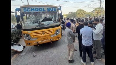 The damaged bus in Dugri. (HT Photo)