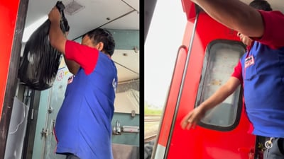 A Railways worker was seen throwing garbage from a moving train (Instagram/@abhiscosmoss) A Railways worker was seen throwing garbage from a moving train (Instagram/@abhiscosmoss)