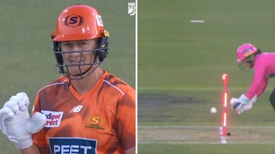 Sophie Devine reacts after being given out following a bizarre stumping. (Screengrab (X)) Sophie Devine reacts after being given out following a bizarre stumping. (Screengrab (X))