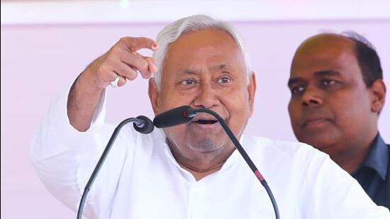 Bihar chief minister Nitish Kumar during a public rally for Bihar Assembly Elections 2025 at Rohtash, Bihar on Sunday. (Hindustan Times)
