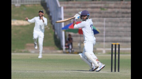 Chandigarh’s Nikhil Thakur in action on Day 2 of the Ranji Trophy elite group match against Punjab on Sunday (HT Photo)