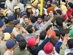 UT police using canes to disallow entry to the Panjab University campus in Chandigarh on Monday, Nov 10, 2025. UT police using canes to disallow entry to the Panjab University campus in Chandigarh on Monday, Nov 10, 2025.