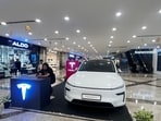Tesla Model Y is now on display at the Ambience Mall, Gurugram.