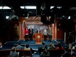 Several US senators at a news conference during a vote at the US Capitol in Washington, DC
