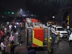 Firetenders at the spot after an explosion in a car near the Red Fort, in Delhi on Monday.