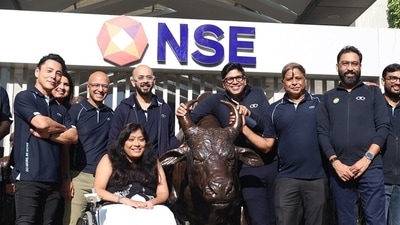 The Lenskart team, led by Peyush Bansal, at the National Stock Exchange in Mumbai, ahead of the company's listing ceremony. (Company Handout)