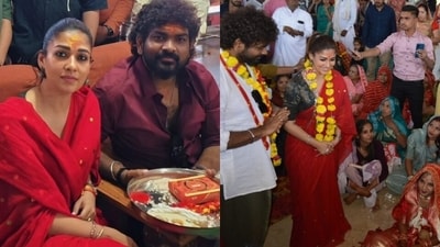 Nayanthara and Vignesh Shivan blessed a newly married couple at an Ujjain temple. Nayanthara and Vignesh Shivan blessed a newly married couple at an Ujjain temple.
