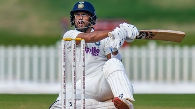 Dhruv Jurel plays a shot on day three of the second unofficial four-day Test cricket match of a series between India A and South Africa A (PTI) Dhruv Jurel plays a shot on day three of the second unofficial four-day Test cricket match of a series between India A and South Africa A (PTI)