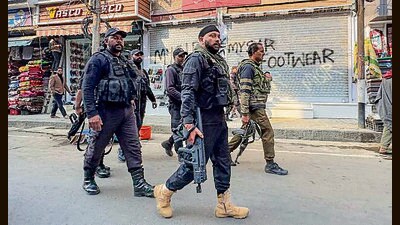 Security personnel during a search operation in Anantnag on Monday. (PTI) Security personnel during a search operation in Anantnag on Monday. (PTI)