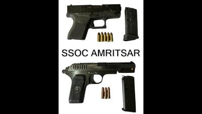 The recovered weapons include one 9MM Glock pistol with a magazine and five live cartridges, and one .30-bore Star Mark pistol with a magazine and three live cartridges. The recovered weapons include one 9MM Glock pistol with a magazine and five live cartridges, and one .30-bore Star Mark pistol with a magazine and three live cartridges.