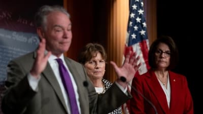 Senator Tim Kaine, a Democrat from Virginia, from left, Senator Jeanne Shaheen, a Democrat from New Hampshire, and Senator Catherine Cortez Masto, a Democrat from Nevada, at a news conference during a vote at the US Capitol in Washington, DC, US. (Stefani Reynolds/Bloomberg) Senator Tim Kaine, a Democrat from Virginia, from left, Senator Jeanne Shaheen, a Democrat from New Hampshire, and Senator Catherine Cortez Masto, a Democrat from Nevada, at a news conference during a vote at the US Capitol in Washington, DC, US. (Stefani Reynolds/Bloomberg)