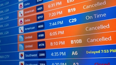 Flight timings and cancellations are displayed on the departures board at Ronald Reagan Washington National Airport in Arlington, Virginia, U.S. (REUTERS)