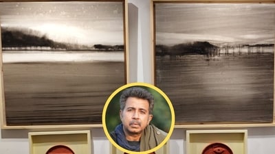 Two paintings by actor-painter-poet Pankaj Jha are on display at Phoenix Palassio mall in Lucknow (Photo: HT)