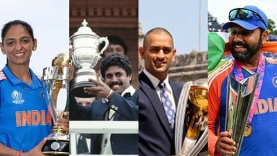 India's four World Cup winning icons - From left, Harmanpreet Kaur, Kapil Dev, MS Dhoni and Rohit Sharma (AFP Images) India's four World Cup winning icons - From left, Harmanpreet Kaur, Kapil Dev, MS Dhoni and Rohit Sharma (AFP Images)