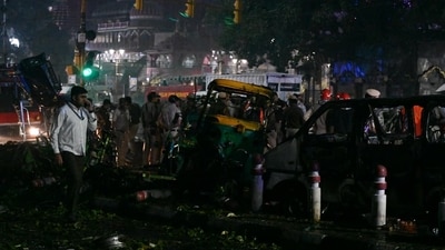 Scenes from the explosion site show damaged vehicles in the vicinity after the explosion that took place near Gate 1 of Delhi's Red Fort Metro. (Sanjeev Verma/Hindustan Times) Scenes from the explosion site show damaged vehicles in the vicinity after the explosion that took place near Gate 1 of Delhi's Red Fort Metro. (Sanjeev Verma/Hindustan Times)