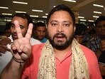Leader of Opposition and RJD's CM face Tejashwi Yadav flashing the victory sign after the last day of election campaigning for Bihar assembly election 2025, in Patna on Nov 9, 2025.