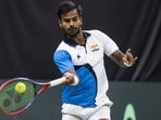 Sumit Nagal in action against Switzerland's Henry Bernet.
