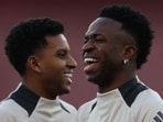 Rodrygo and Vinicius Junior take part in a training session at the Emirates stadium in London. Rodrygo and Vinicius Junior take part in a training session at the Emirates stadium in London.