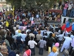 Panjab University students on Monday held a massive protest on the campus here demanding the announcement of senate polls.