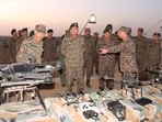 Senior military officials inspect the war exercise near Pakistan border in Rajasthan’s Jaisalmer district. (HT Photo)
