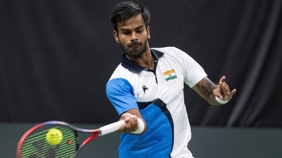 Sumit Nagal in action against Switzerland's Henry Bernet. (AP) Sumit Nagal in action against Switzerland's Henry Bernet. (AP)