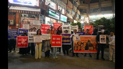 Around 100 protesters gathered at Vyapar Kendra Market under NGO Stand For Animals, calling the SC order inhumane and impractical. (Parveen Kumar/HT) Around 100 protesters gathered at Vyapar Kendra Market under NGO Stand For Animals, calling the SC order inhumane and impractical. (Parveen Kumar/HT)