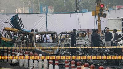 Charred remains of vehicles at the site of the blast on Monday near Red Fort Metro Station in Delhi. (PTI) Charred remains of vehicles at the site of the blast on Monday near Red Fort Metro Station in Delhi. (PTI)