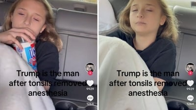 A video shows a girl praising Donald Trump after waking up from tonsil surgery. (Screengrab (TikTok))