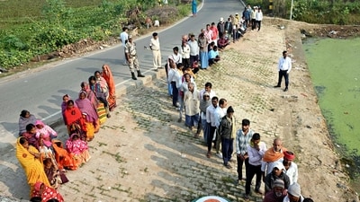 People in queue for casting their votes at a polling station during the second and final phase of the Bihar Assembly elections, in Jehanabad, on Nov 11, 2025. (PTI) People in queue for casting their votes at a polling station during the second and final phase of the Bihar Assembly elections, in Jehanabad, on Nov 11, 2025. (PTI)
