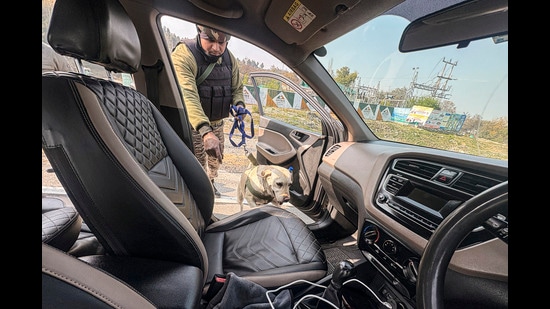 A security official with a sniffer dog checks a vehicle near the Navyug tunnel on the Jammu-Srinagar National Highway on Tuesday. (PTI)