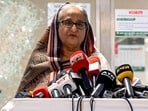 (FILES) Sheikh Hasina addressing media at a vandalised metro station in Bangladesh’s Mirpur in July 25, 2024 (AFP) (FILES) Sheikh Hasina addressing media at a vandalised metro station in Bangladesh’s Mirpur in July 25, 2024 (AFP)