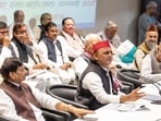Samajwadi Party president Akhilesh Yadav addressing the press conference in Lucknow on Wednesday. (HT)