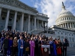 US House Minority Leader Hakeem Jeffries speaks during an event with fellow House Democratic members on the steps of the US Capitol.