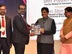 Union Minister Piyush Goyal felicitating representatives of Haryana government during a ceremony in New Delhi on Wednesday. (Source: X)