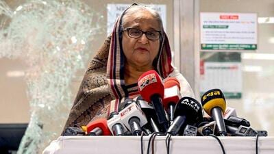 (FILES) Sheikh Hasina addressing media at a vandalised metro station in Bangladesh’s Mirpur in July 25, 2024 (AFP) (FILES) Sheikh Hasina addressing media at a vandalised metro station in Bangladesh’s Mirpur in July 25, 2024 (AFP)