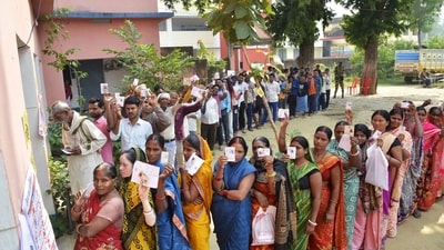 Voters wait in a queue to cast their vote for the second phase of the Bihar assembly election, in Jehanabad on Tuesday. (ANI Photo) (Aftab Alam Siddiqui)