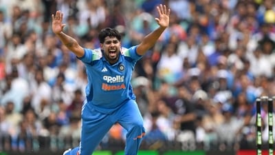 Harshit Rana shouts an unsuccessful Leg-Before-Wicket appeal against Mitchell Marsh during the third one-day international. (AFP) Harshit Rana shouts an unsuccessful Leg-Before-Wicket appeal against Mitchell Marsh during the third one-day international. (AFP)