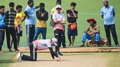 India's captain Shubman Gill inspects the pitch as coach Gautam Gambhir watches ahead of their first Test against South Africa at the Eden Gardens in Kolkata. (AFP) India's captain Shubman Gill inspects the pitch as coach Gautam Gambhir watches ahead of their first Test against South Africa at the Eden Gardens in Kolkata. (AFP)