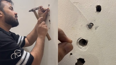 A Noida man shocked the internet after a pencil went straight into the wall of a ₹1.5 crore apartment. (@kabeer.unfiltered/Instagram) A Noida man shocked the internet after a pencil went straight into the wall of a ₹1.5 crore apartment. (@kabeer.unfiltered/Instagram)