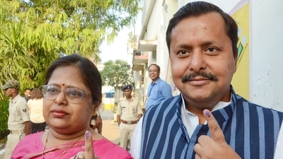 BJP candidate Nitin Nabin shows his ink-marked finger after casting vote during the first phase of the Bihar Assembly elections, in Patna (PTI) BJP candidate Nitin Nabin shows his ink-marked finger after casting vote during the first phase of the Bihar Assembly elections, in Patna (PTI)